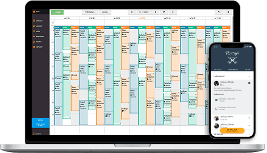 Slotti Mitarbeiterkalender auf Laptop- und Smartphone-Bildschirm dargestellt